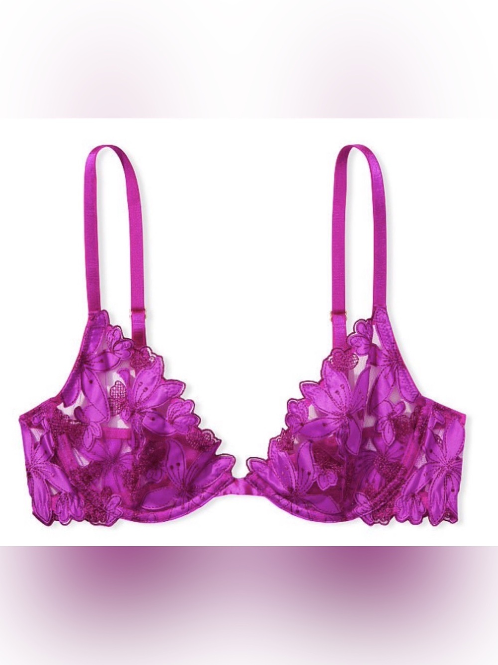 Victoria Secret 38DD Sheer Floral Embroidered Underwire Bra - Fuchsia